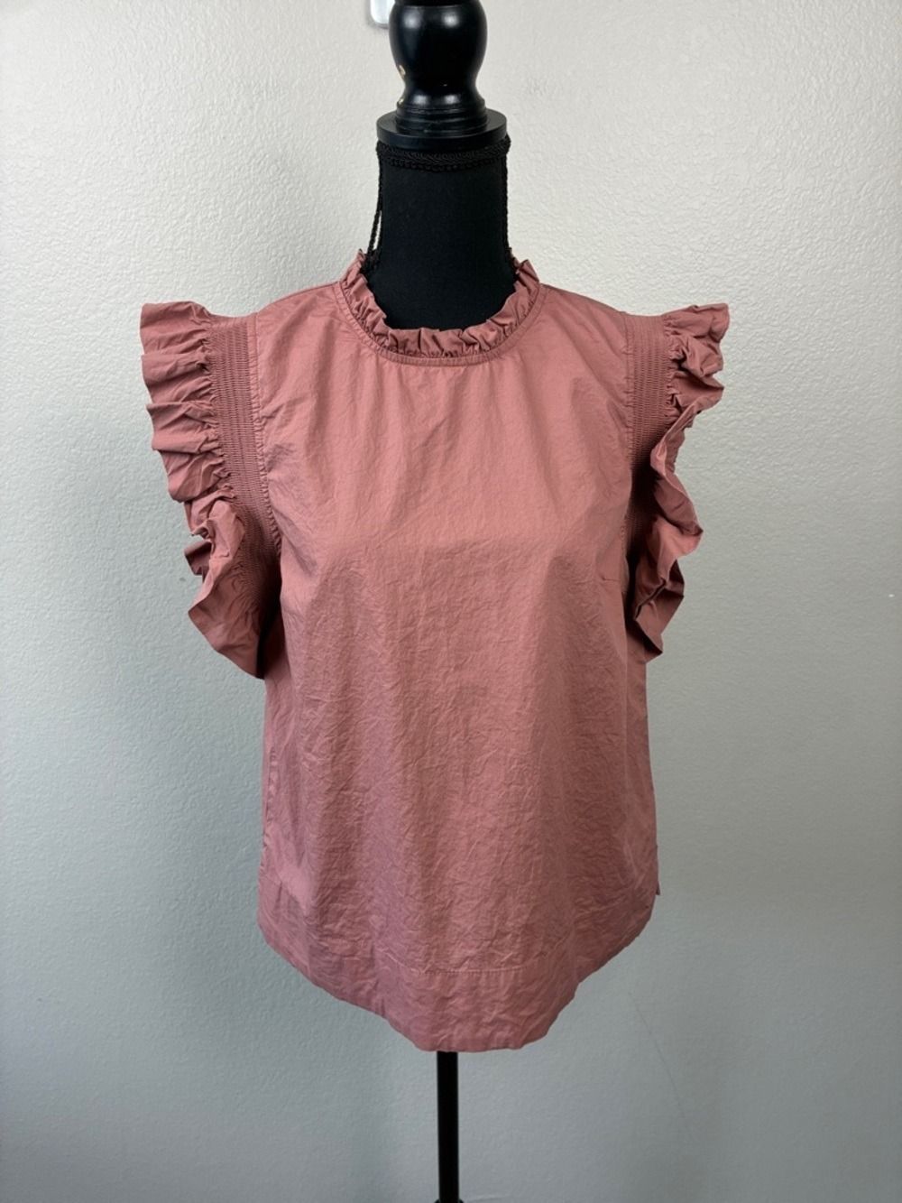 English Factory Poplin Top Ruffle Sleeveless Mock Neck Mauve L